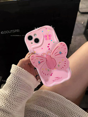高級少女粉蝴蝶支架蘋果適用14promax手機殼iphone13/12/11全包xr
