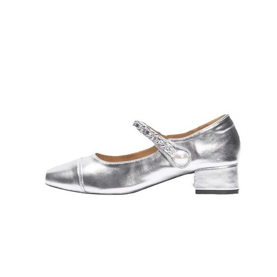 Temperament Women's Shoes High-heeled Shoes Women's silver Niche French Thick Heel Dress Single-layer Shoes Autumn Shallow Mouth Mary Jane