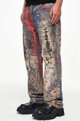 American High Street Trend Brand Wasteland Dirty Style Digital 3D Print Unisex Casual Wide-Leg Straight Jeans_viptrois.com