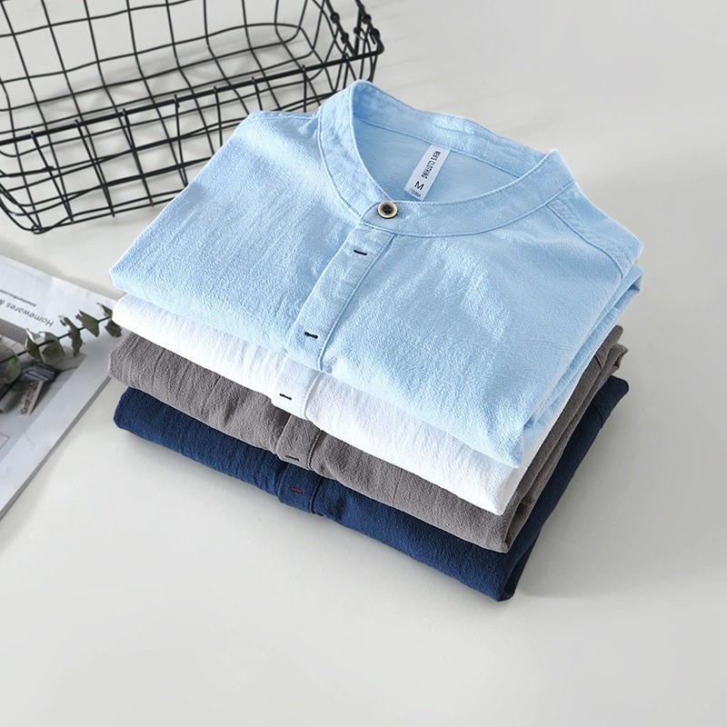 Весенняя и летняя хлопчатобумажная рубашка с длинными рукавами для мужчин повседневный дикий стоячий воротник
