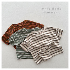 Summer New Arrivals: Kids' Korean-style Contrasting Color Stripe Half-Sleeve Tops – Soft, Fluffy, and Lightweight Cotton Short-Sleeve T-Shirts for Boys and Girls