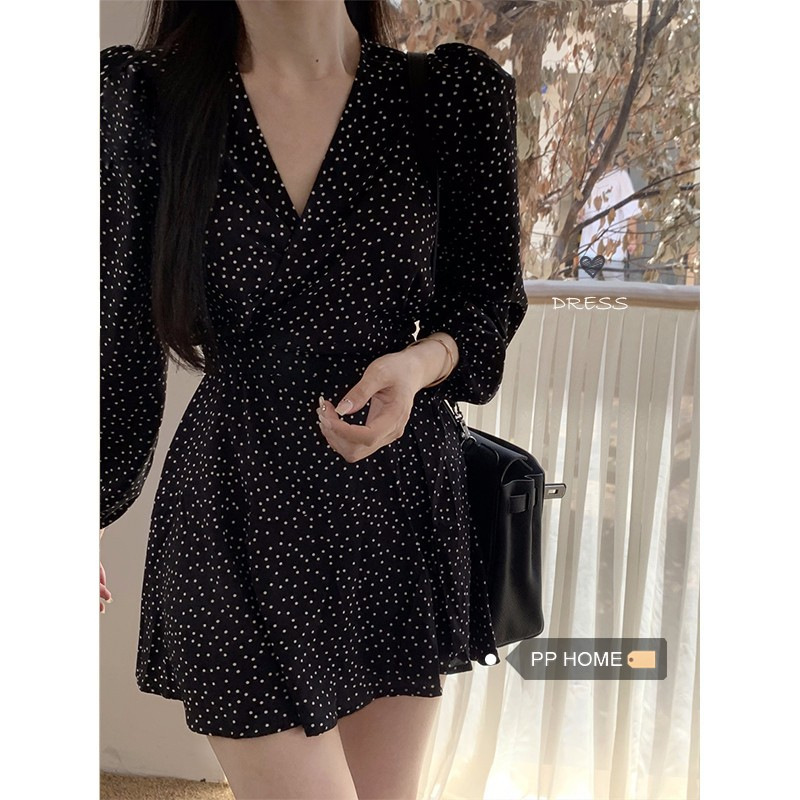 波点长袖领雪纺连衣裙女秋装气质泡泡袖短裙温柔收腰显瘦字裙子