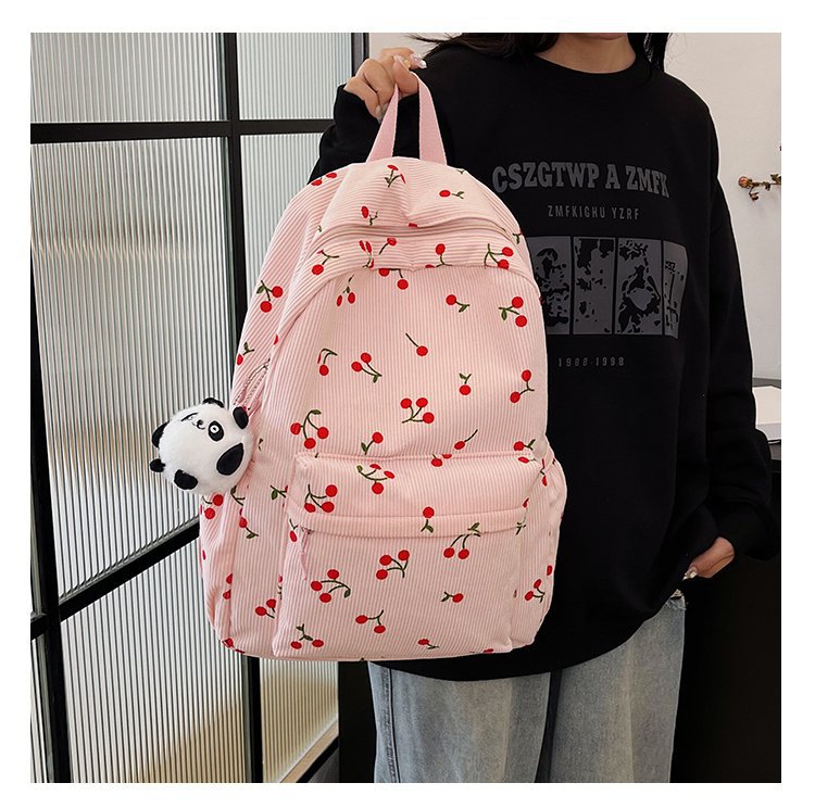 1197g Weight Polyester Lining Material Zipper Closure Type Double Shoulder Straps Strap Type Casual, School, Daily Occasion Corduroy Material Back To School Festival School Backpack Backpack Cherry Pattern All Seasons Season Women's Gender Cute Style Shell Shape Cherry Casual School Daily School Backpack 13