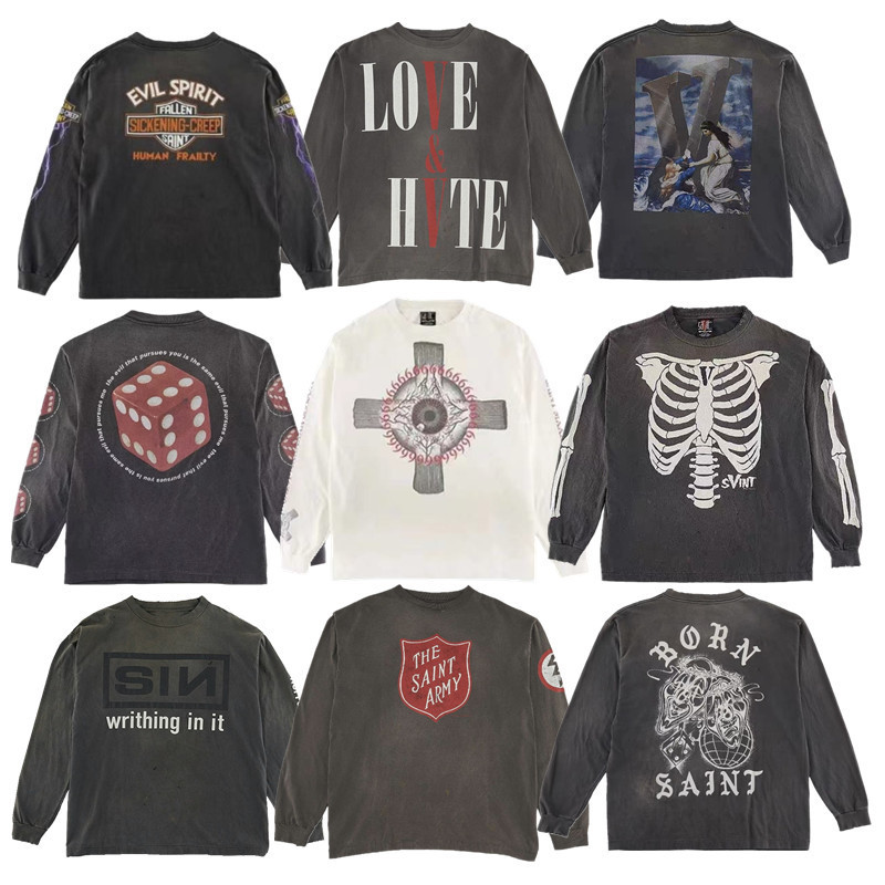 American Street Hip Hop Washed Retro Loose Casual vintage Long Sleeve T-shirt Men and Women Couple Thin Sweatshirt