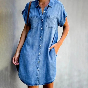 Independent station Amazon 2025 cross-border new European and American lapel short sleeve slim fit dress Denim shirt dress women