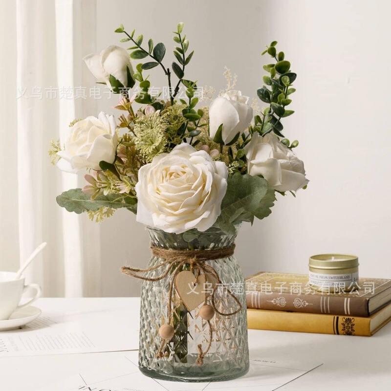 Amazon supply simulation flower rose flower with vase bouquet suit living room home decoration simulation rose fake