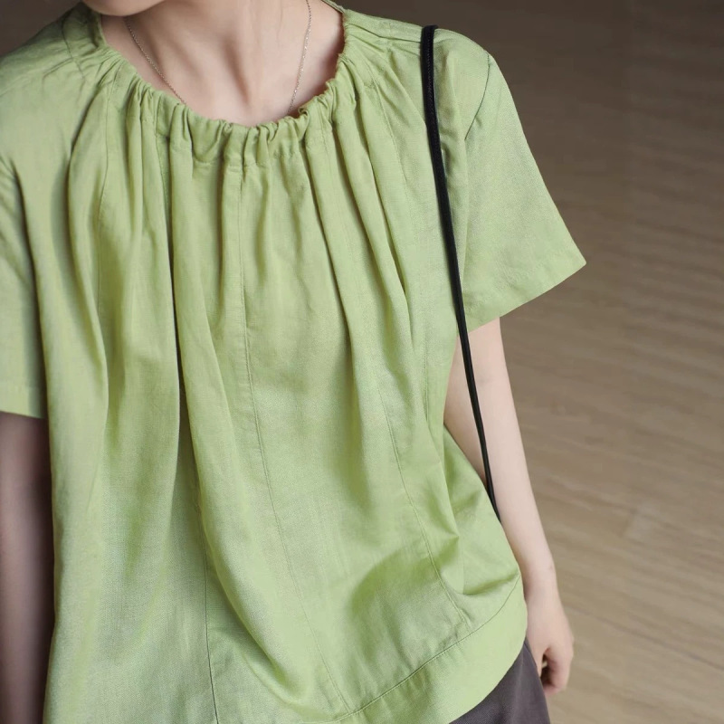 Back-Buttoned Tencel Linen Shirt with Round Neck, French Style, Casual, Loose Fit, Slimming, Summer Back-Buttoned Tencel Linen Shirt with Round Neck, French Style, Casual, Loose Fit, Slimming, Summer