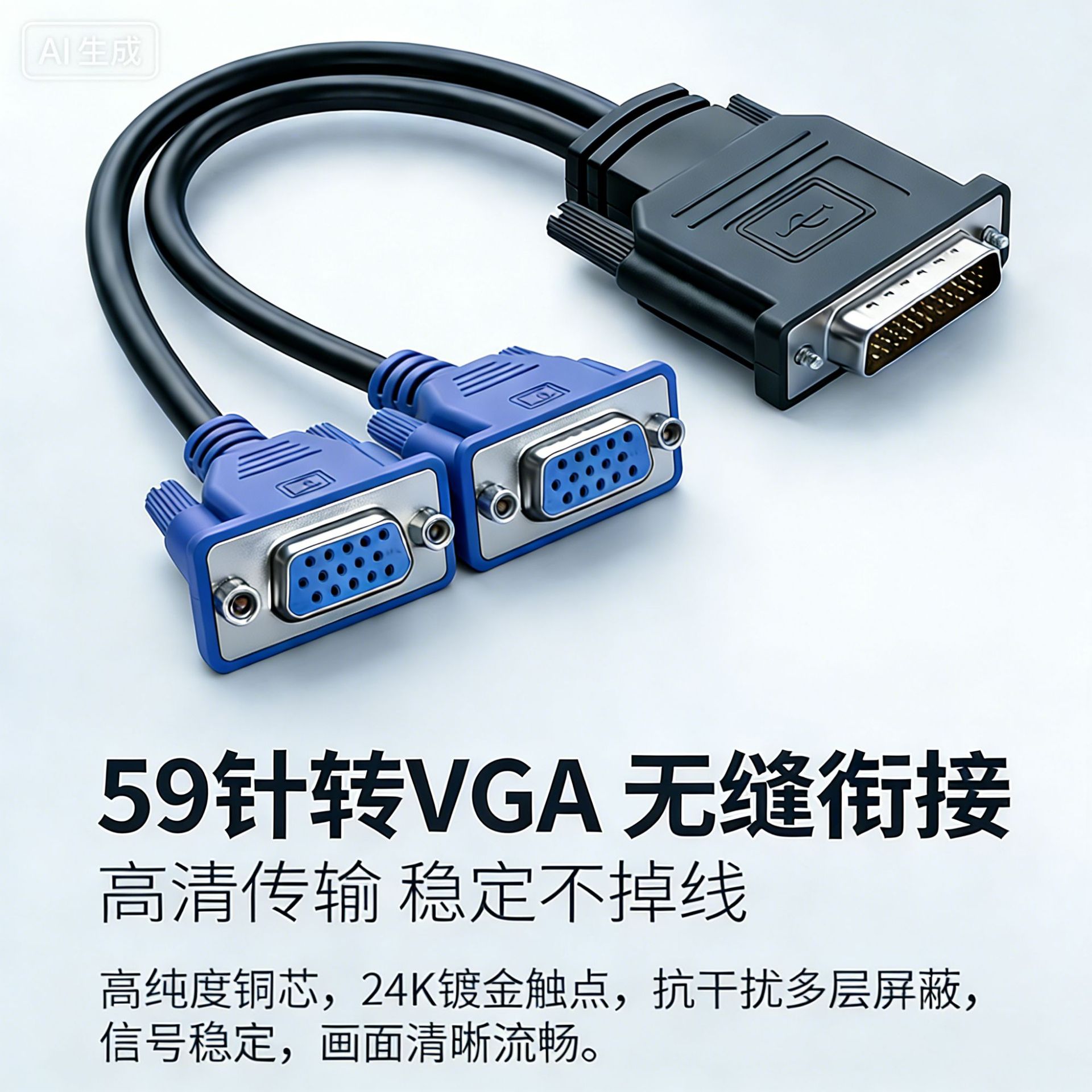 DMS59针转双VGA母转接线 一分二母头分屏扩展线双屏同步显示线