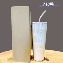 星星同款双层塑料吸管杯大容量710ml榴莲杯炫彩贝母便携仙人掌杯