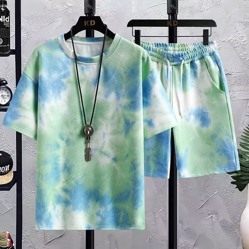 Camisas menos ropa deportiva set hombre de verano camiseta de mangas cortas camiseta de baloncesto casual coreano atado teñido pantalones cortos set de dos piezas