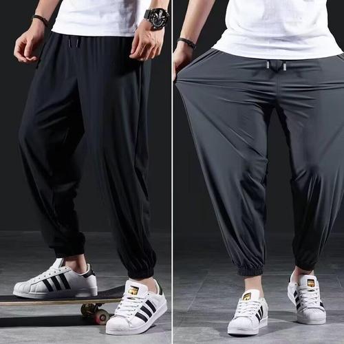 Ice Silk 9/10 Length Small Foot Halter Trouser 2025 Summer Casual Pants for Men Thin Model Gathered Ankle Sports Long Pants Loose Men's Pants