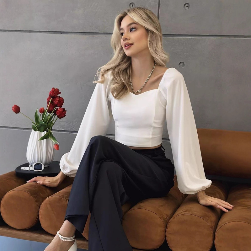 Cross-Border Export Pure Color Fashion Versatile Casual Top Square Collar Long Sleeve Sexy Hot Selling French Long-Sleeved T-Shirt for Women