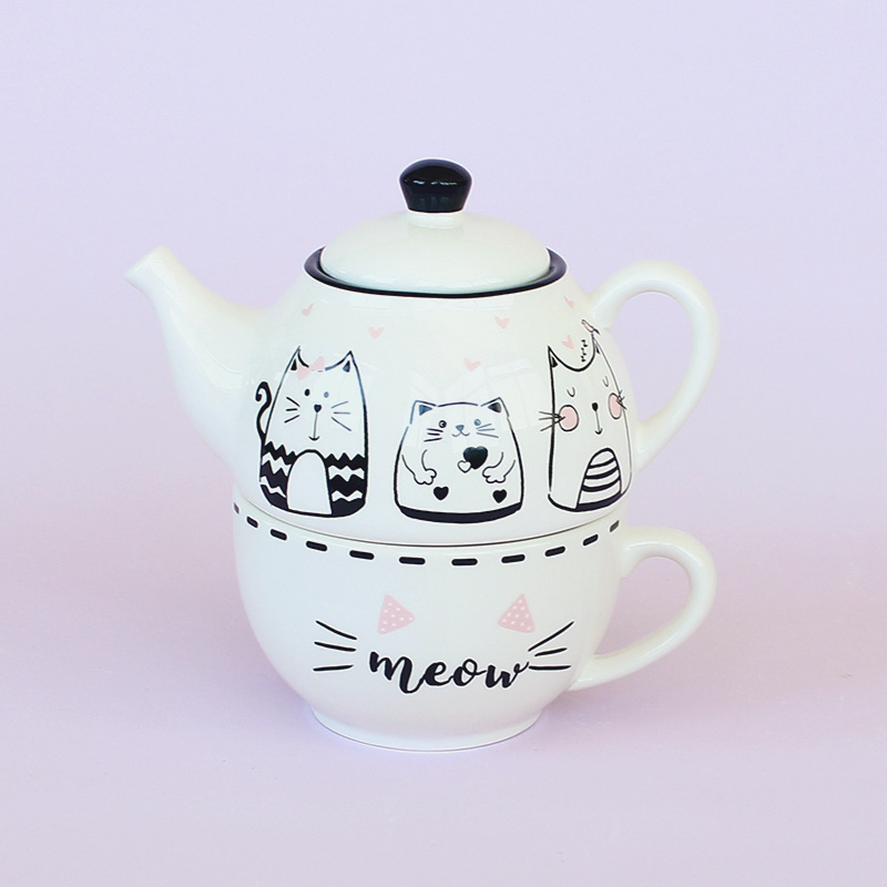 Francia romántico lindo gato europeo blanco y negro tetera de cerámica regalo de té para el hogar taza de decoración con set de tetera