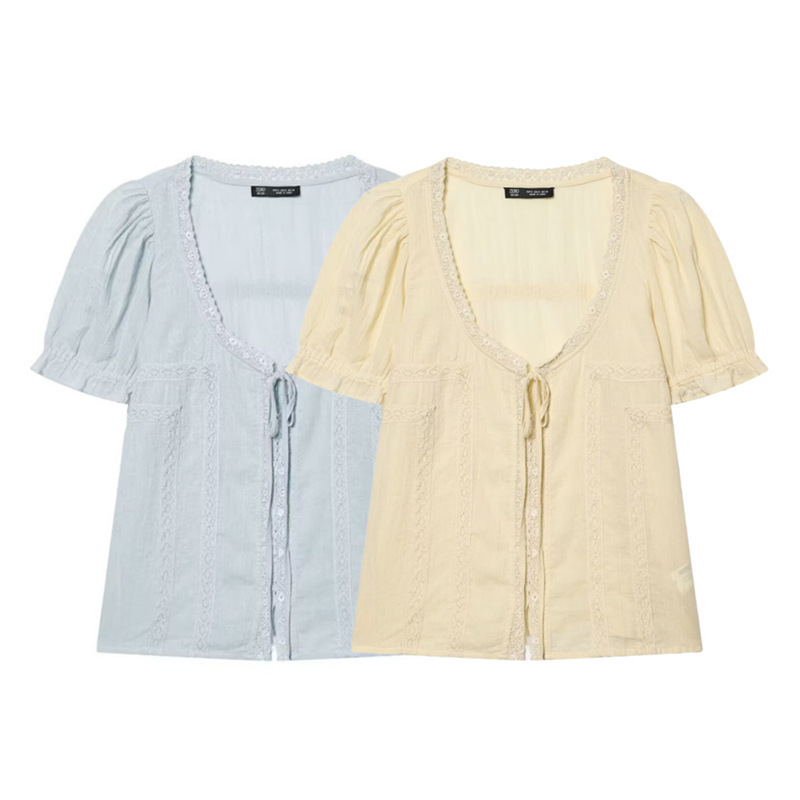 Myst&Za2026 New Spring and Summer Women's Bubble Short-Sleeved V-Neck Embroidered Lace Tulle Shirt 0881/013