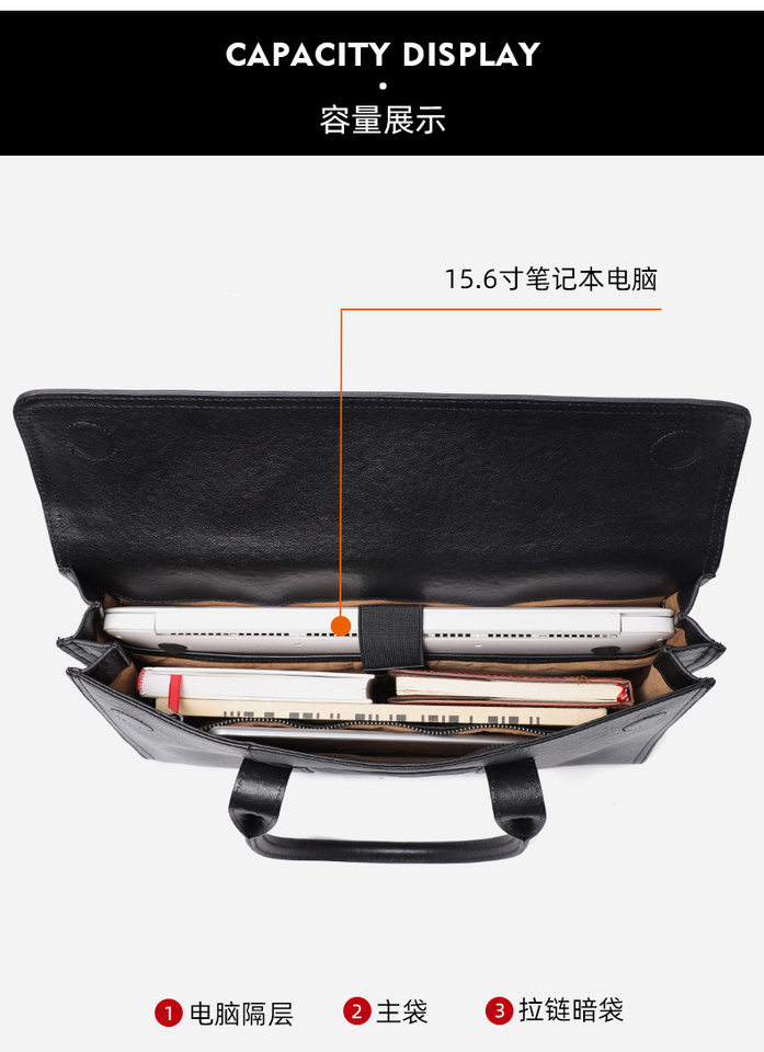 Túi xách tay nam da bò thật vân chạm nổi, túi đeo chéo một vai kiêm cặp tài liệu công sở 39×9×29 cm — Vải nhung flannel cao cấp thuộc da thực vật, Màu đen vỏ cây chi tiết 10