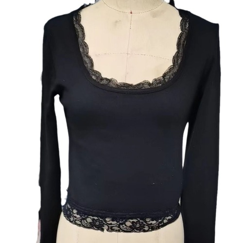 Women's Bestselling Pure Cotton Long-Sleeve T-Shirt with Lace Splicing, Crop-Top Square Collar T-Shirt for Women