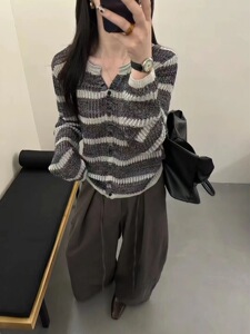 欧洲站2025早秋新款时尚圆领单排扣条纹撞色百搭通勤针织衫上衣女