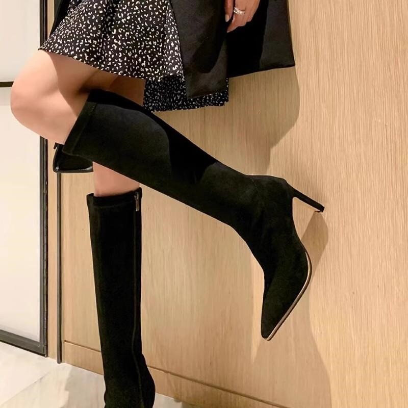 Pointed-toe apricot-colored suede high-heeled boots for women, 2026 autumn/winter collection, elastic, slim-fit, chunky heel, mid-calf length Pointed-toe apricot-colored suede high-heeled boots for women, 2026 autumn/winter collection, elastic, slim-fit, chunky heel, mid-calf length