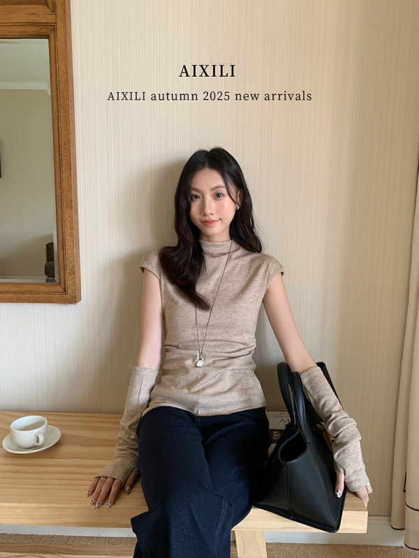 爱西里2025秋季简约中高领收腰显瘦斜下摆坎肩袖套针织衫女15365|undefined