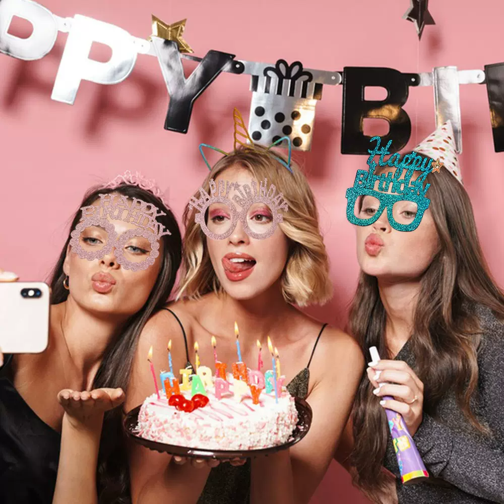 新款跨境英语生日派对闪粉金丝英文字母头箍眼镜套装派对装饰用品