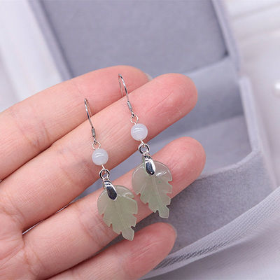 여성을위한 천연 어벤츄린 스털링 실버 옥 귀걸이 레트로 긴 잎 귀걸이 s925 실버 원래 디자인 순수 수제