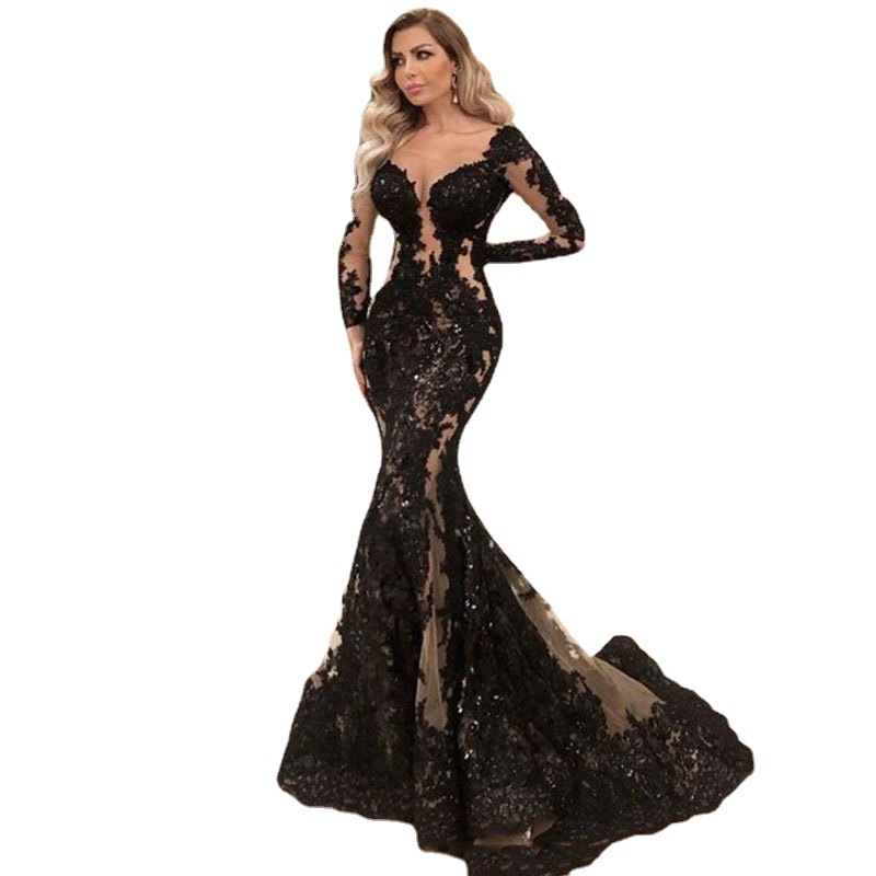 El Comercio exterior europeo y americano Amazon AliExpress deseo nuevo encaje negro manga larga fishtail adelgazamiento elegante vestido de noche image 6