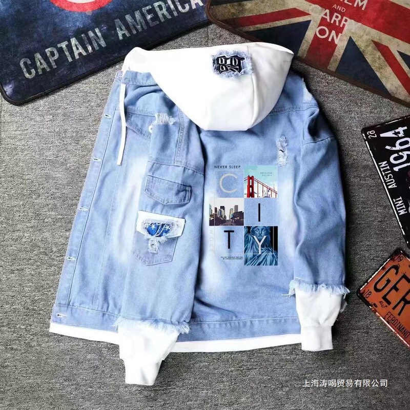 Spring and Autumn Jackets for Men and Women, Hong Kong Style Trendy Ripped Hooded Denim Jackets, Versatile Trendy Printed Tops for Teenagers