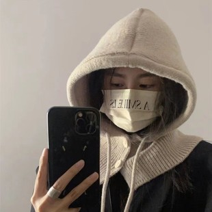 South Korea Balaclava Hat Women's Autumn and Winter Riding Ear Protection Knitted Hat Warm Hat Scarf One-piece Wool Hat