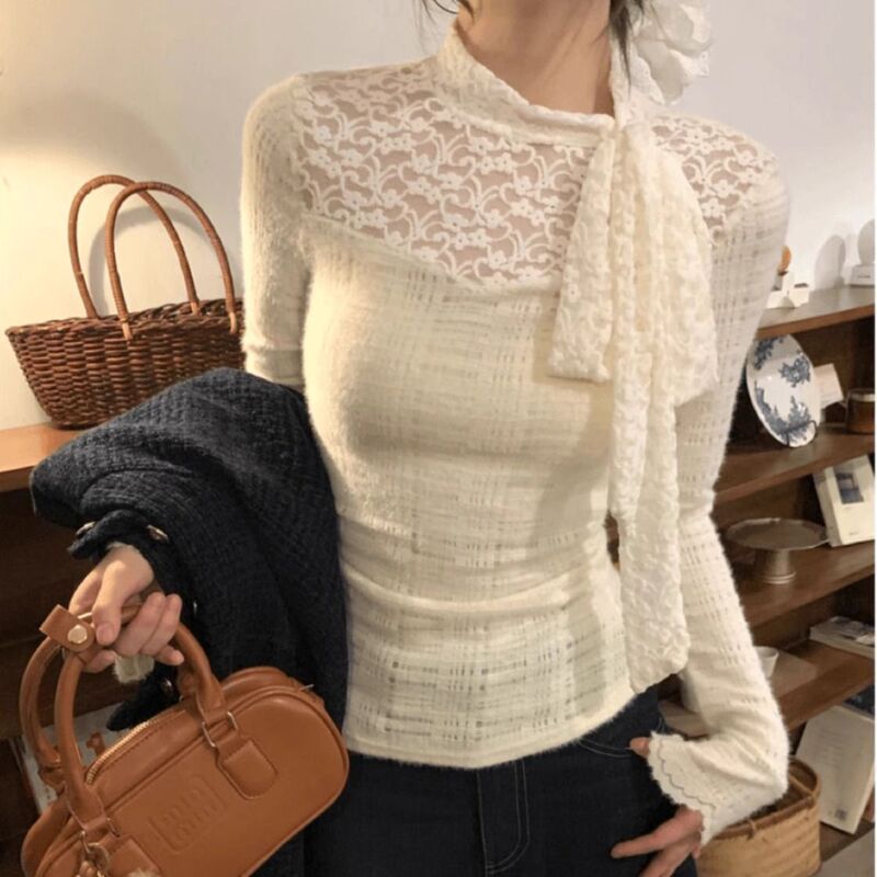 Plus Size Women's Pure Lust Style Bow Lace Long-Sleeved T-Shirt 2025 Autumn New Fat mm White Bottoming Shirt Top