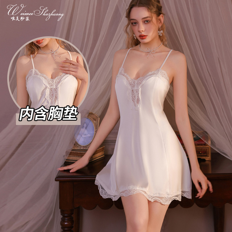 Beautiful New Style Sheer Nightgown with Deep V-Neck and Chest Pads, Sexy Home Sleepwear Two-Piece Set with Beautiful Back Design for Women Beautiful New Style Sheer Nightgown with Deep V-Neck and Chest Pads, Sexy Home Sleepwear Two-Piece Set with Beautiful Back Design for Women
