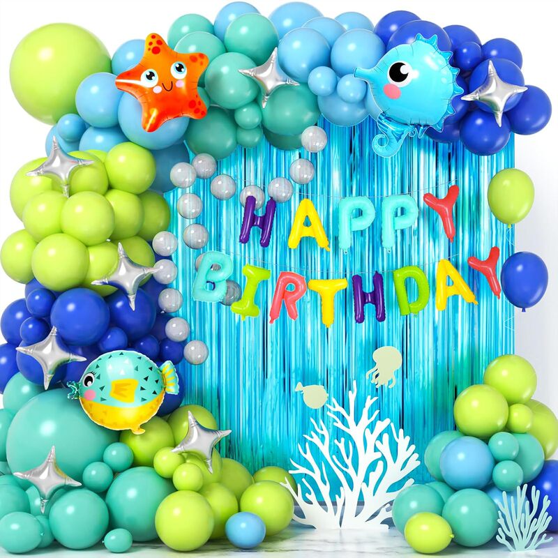 151pcs Ocean Balloon Arch Set Tassel Curtains Marine Animal Birthday Pool Beach Party Decoration