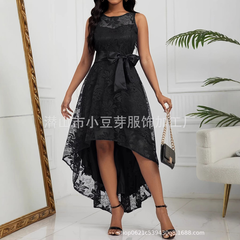 European and American Cross-border Large Size Dress Sexy Lace Stitching Front Short Back Long Party Dress Dress for Women