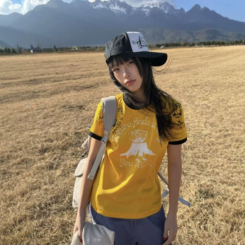 26Ss American Retro Tree Stump Print Short-Sleeved T-Shirt with Fitted Straight Shoulders, Mesh Fabric, Breathable, Everyday Versatile for Both Men and Women