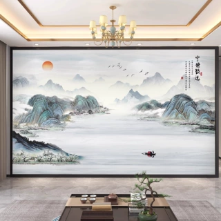 海纳百川电视背景墙壁布新中式山水壁画3d立体壁纸8D客厅影视墙布