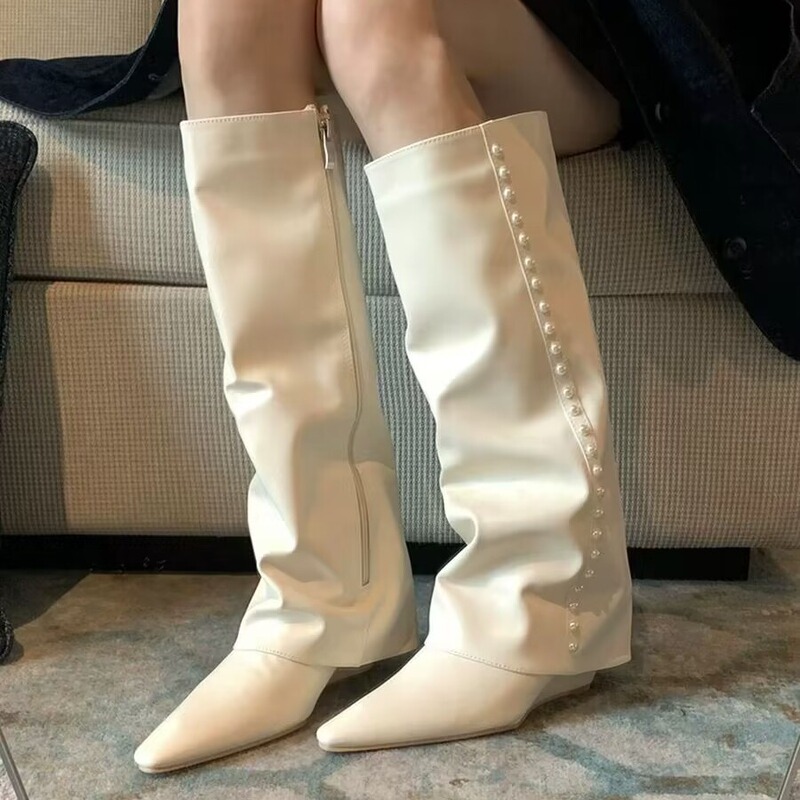Show Your Legs Slimmer! White Trouser Boots 2025 New Popular Fat mm Pointed Toe Wedge High Boots over the Knee Boots for Women Show Your Legs Slimmer! White Trouser Boots 2025 New Popular Fat mm Pointed Toe Wedge High Boots over the Knee Boots for Women