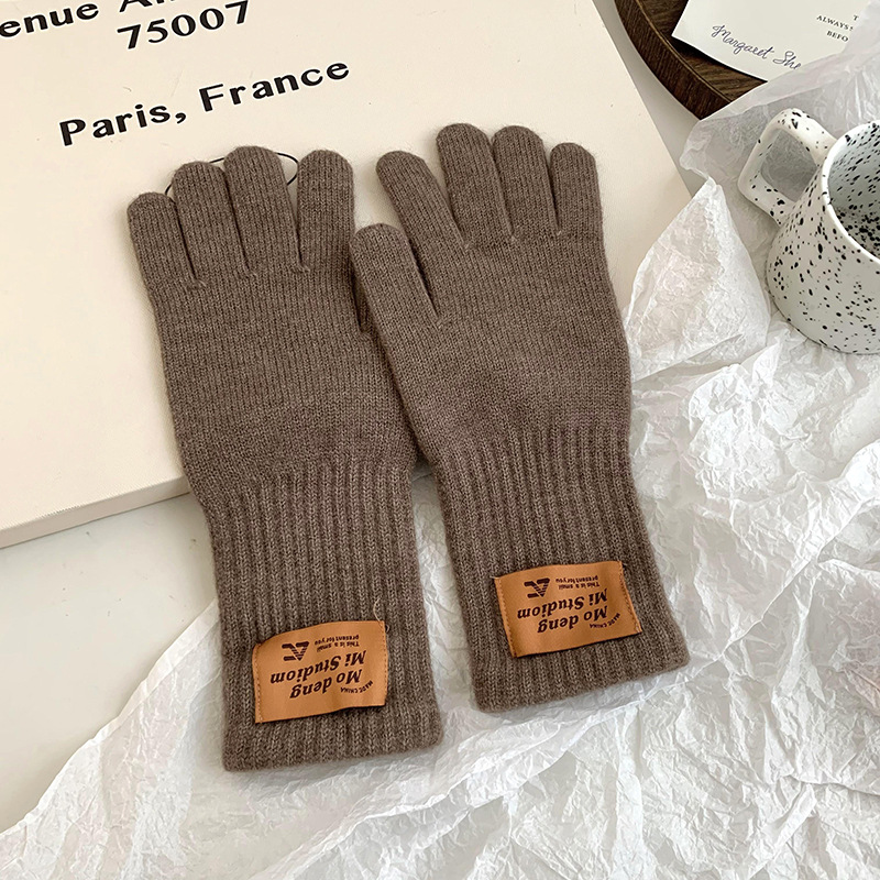 Guantes de ciclismo de invierno nuevo caliente polvo de frambuesa coreano color sólido alargado y grueso guantes de lana de punto de cinco dedos