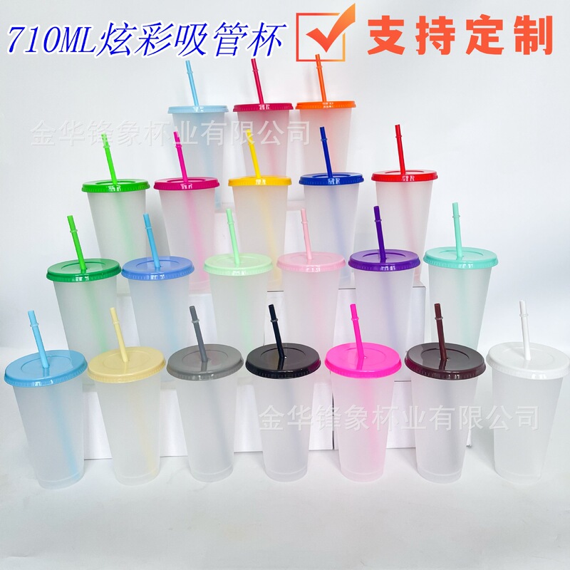 Cross-Border Hot-Selling 24oz Colorful Straw Cup Pp Single-Layer Plastic Cup 710m Summer Water Cup Can Be Printed with Logo
