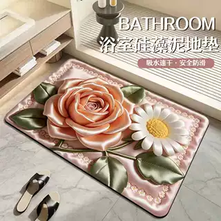 5D立体效果浴室防滑地垫新款花朵硅藻泥吸水速干防滑家用浴室创意