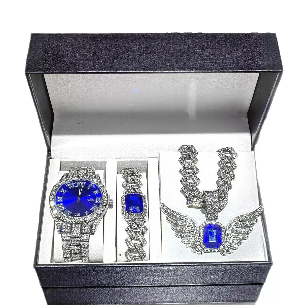 合金新款水鬼水钻男表嘻哈15mm项链手链搭配天使翅膀宝石吊坠套装