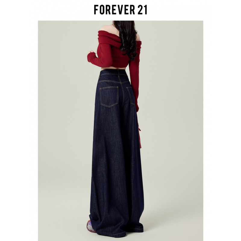 Forever 21 Retro Dark Blue Wide-Leg Jeans for Women, Spring and Autumn, High-Waisted, Loose, Drapey, Floor-Length Pants