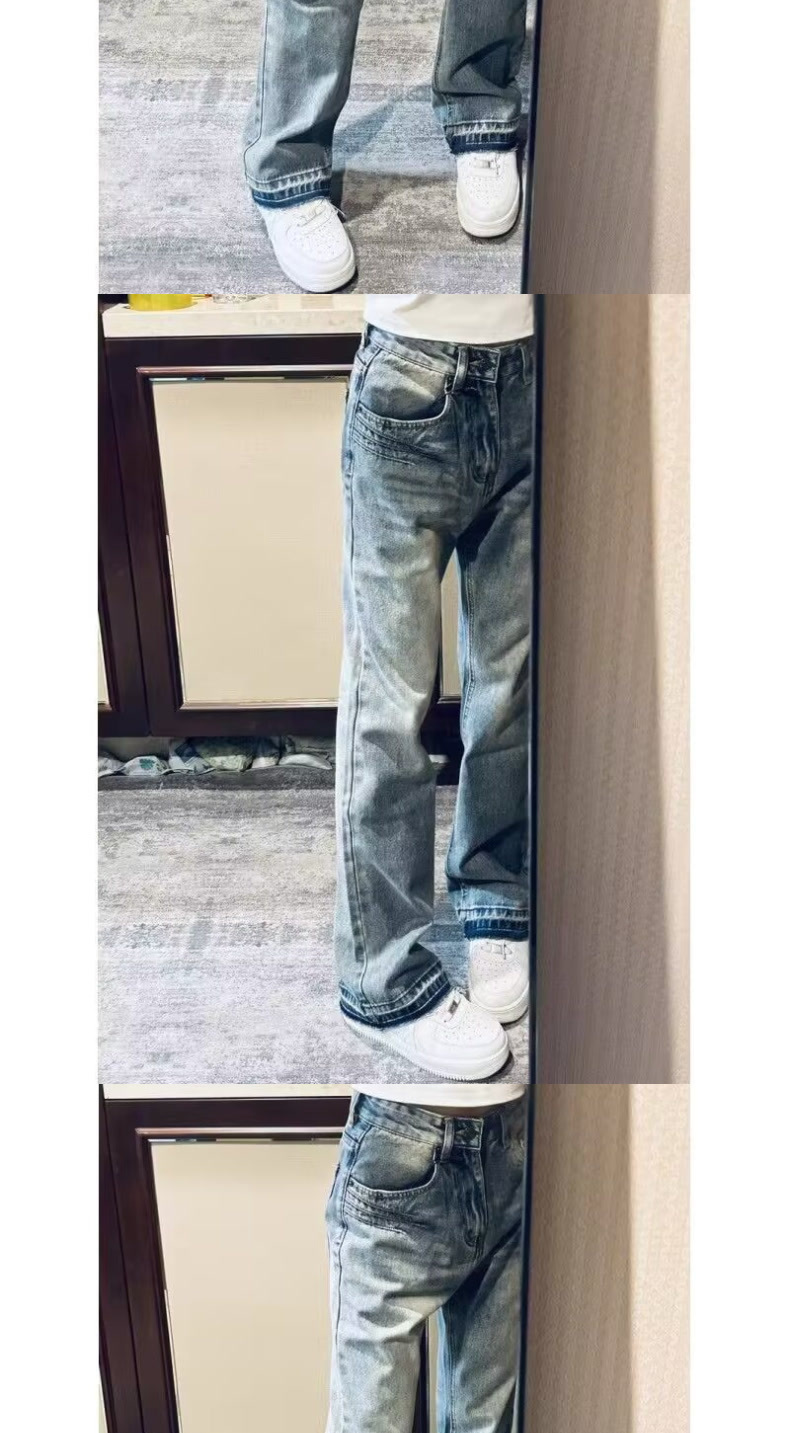 Teen Washed Denim Jeans American Style Summer Trendy Unisex High Street Loose Straight Leg Pants mid Waist Blue Long Non-Stretch_mkmklike.com