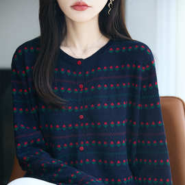 欧洲站早春秋新款欧货复古提花撞色纽扣宽松软糯女款羊毛针织开衫