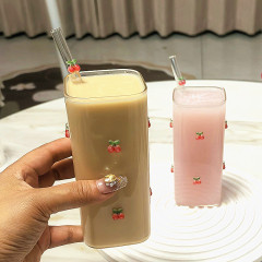 インスタイルガールガラスストローカップ小さなフレッシュチェリー夏ウォーターカップスクエア水出しコーヒーカップジュースカップ