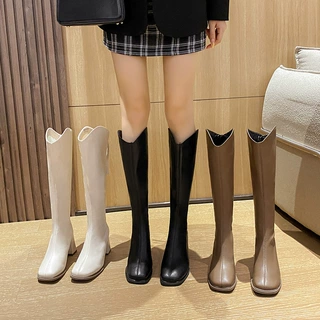 秋冬款网红不过膝V口方头粗跟长筒靴女弹力骑士