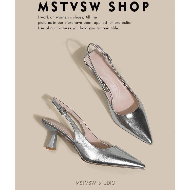 2025 French-Style Silver Pointed High-Heeled Shoes for Women, Summer New Open-Back Sandals