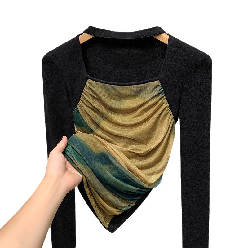 Camisa de fondo de malla para mujer 2023 nuevas mujeres retro cuello cuadrado teñido con costuras de manga larga Camiseta elástica interior superior