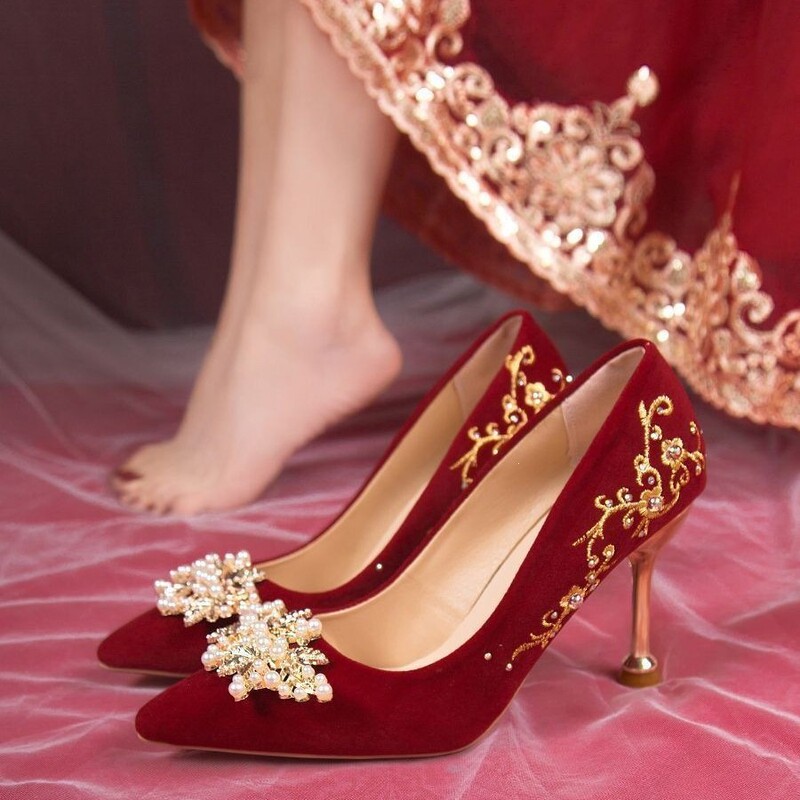 2026 New Style Red Xiuhe Wedding Shoes High Heels Wedding Dress Pearl Embroidered Shoes Two-Way Wear Wedding Women's Shoes Single Shoes