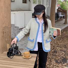 牛仔拼接chic小香风外套女春秋小个子2026新款高级感撞色圆领上衣