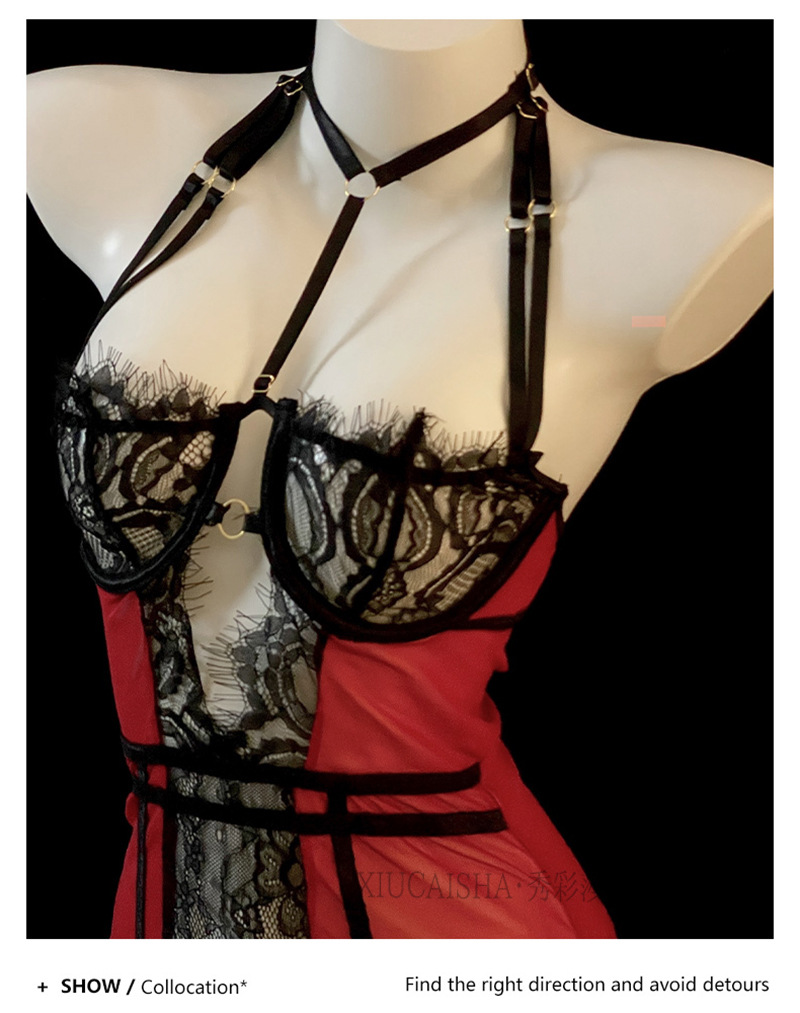 Lace Halterneck Lingerie Set with Underwire, Garters and Stockings, Red Roleplay Costume — detail image 17