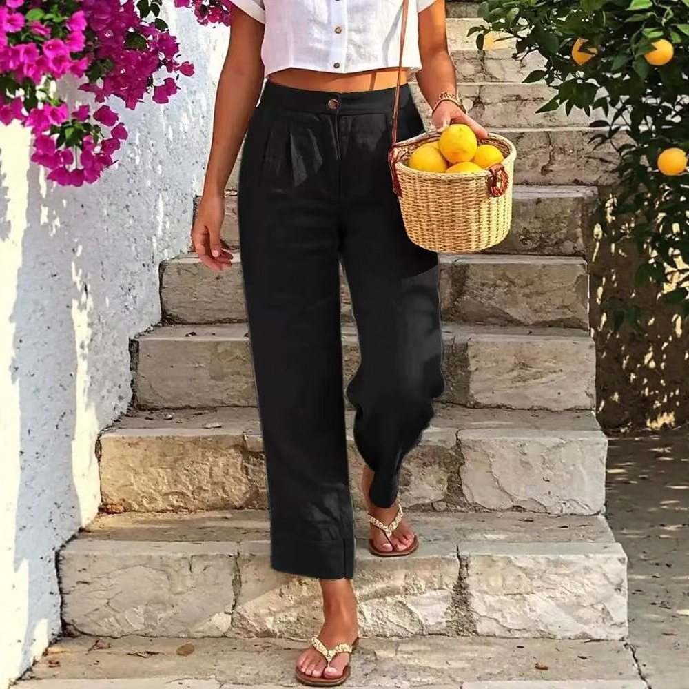 Women's Linen-Cotton Blend Summer Trousers | Casual High-Waisted Button-Front Pants | Breathable Relaxed Fit Wide-Leg Pants For Women_ecoleips.com